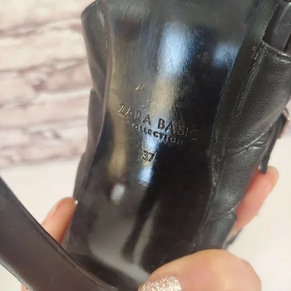 Zara Black Leather Strappy Sandals Stiletto Size 37 - Picture 6 of 6